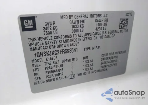 2015 Chevrolet Suburban 1500 Lt из США, поврежденный, VIN 1GNSKJKC2FR598541